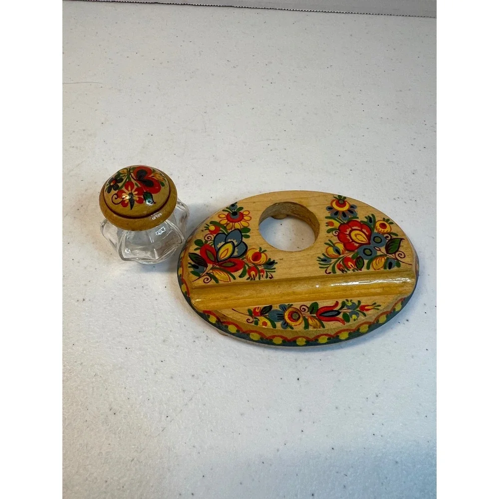 Vintage Russian Khokhloma Hand Painted Wood Inkwell Stand Glass Pot Floral Folk